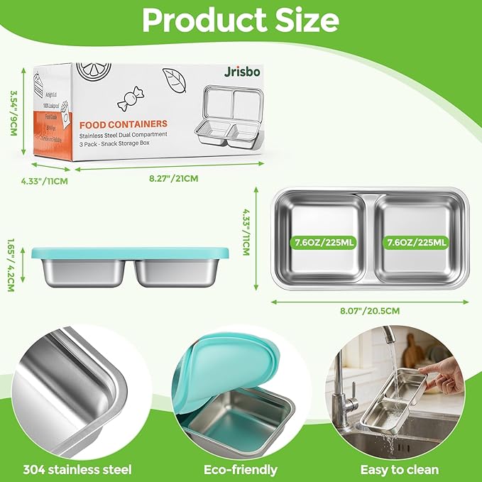 Stainless Steel Snack Containers, 3-Pack Double Compartment Food Preservation Bento Box with Silicone Leakproof Lids, 15oz Reusable Divided Food Storage Containers for Lunch Prep, Travel, Camping
