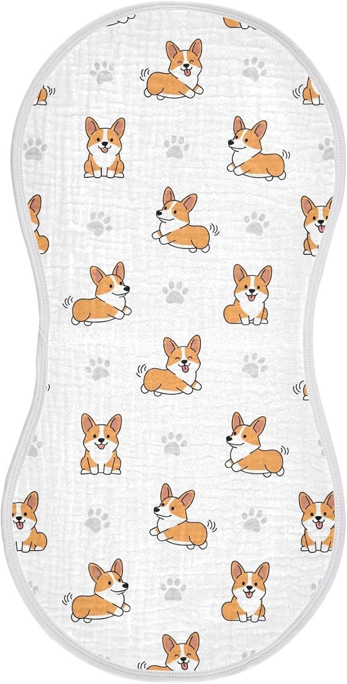 1 Pack Muslin Burp Cloths Cute Corgi Dogs White Cotton Baby Burp Cloths Ultra Absorbent Soft Burping Cloth Washcloths for Newborn Babies 22x11 Inch