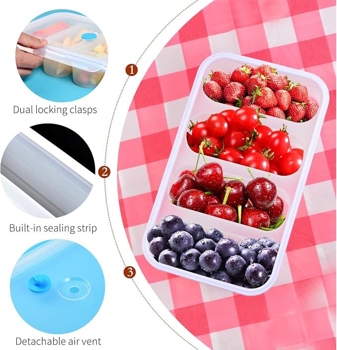 Divided Snack Serving Tray with Lid, Silicone Food Storage Box, Portable Snack Container with 4 Compartments, Microwave & Dishwasher Safe, White, Divided Bento Snack Box for Work, Travel or Picnics
