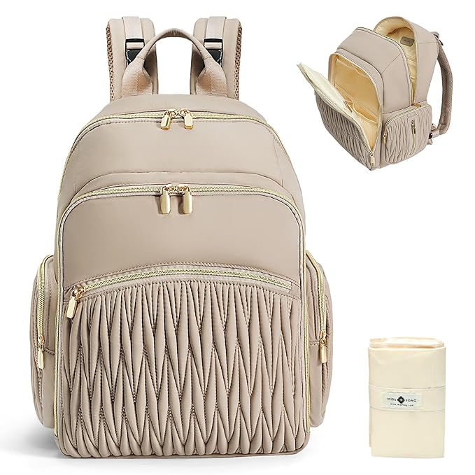 Miss Fong Diaper Bag Backpack - Quilted Travel Baby Bag with Changing Pad, 16 Pockets, Waterproof, Large Capacity - Mommy Backpack for Baby Shower Gifts (Khaki)