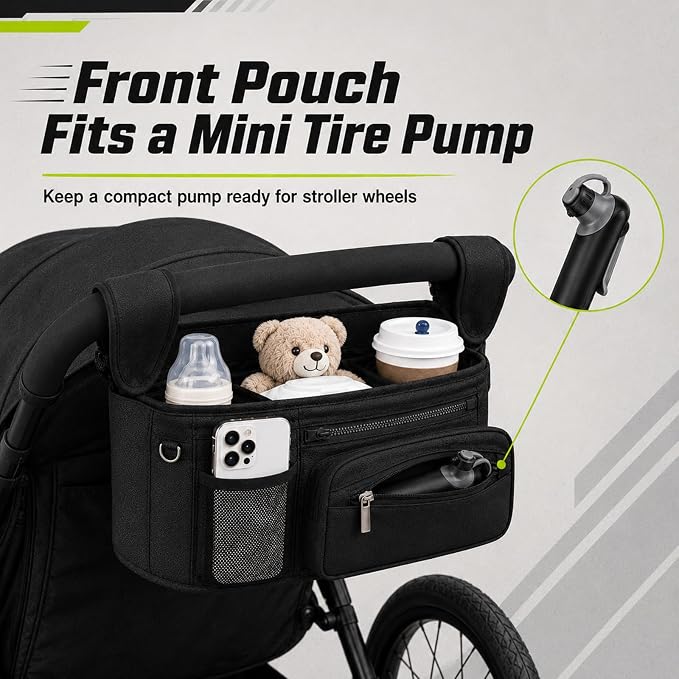 Jogging Stroller Organizer with Tire Pump, 2 Cup Holders and Phone Pocket | Built for jogging strollers with air-filled tires, Oxford fabric, adjustable straps, and a detachable essentials pouch.