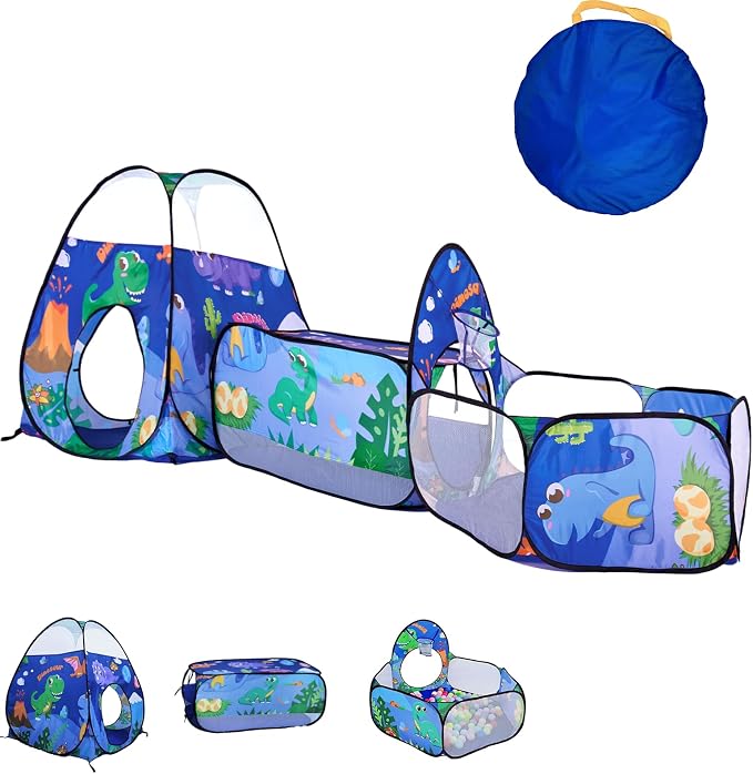3PC Dinosaur Kids Play Tent with Ball Pit, Crawl Tunnel, Toddlers Playhouse Castle Toys, Baby Boys Girls Gift for 3 4 5 6 7 Years Old, Outdoor Indoor, Lightweight (Balls Not Included)