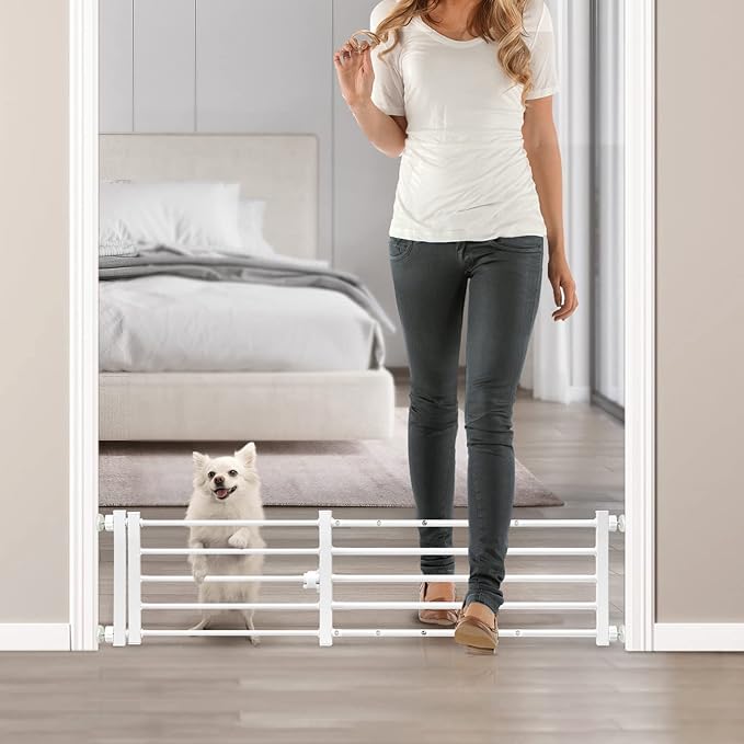 Malier Dog Gate with a Small Door, Extra Wide All Metal Short Dog Gate Pet Gate for Stairs, 10'' Tall Pressure Mount Easy Step Over Puppy Gate Low Gate for Doorways