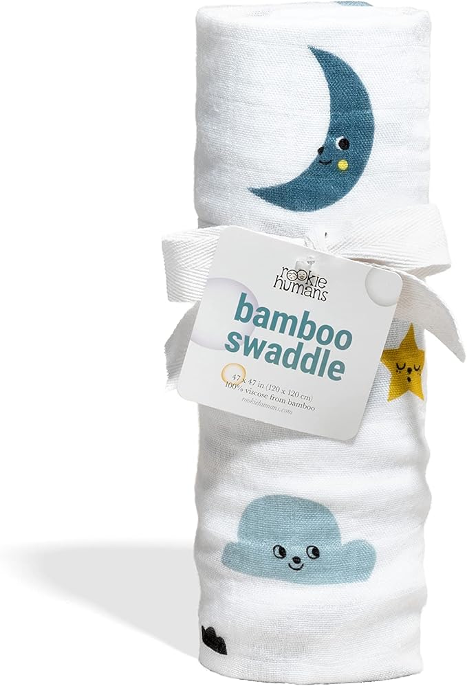 Rookie Humans Super Soft Viscose from Bamboo Muslin Swaddle Blankets for Baby Girls and Boys ??Silky Soft - 47 x 47 inches Swaddling Blankets - Newborn Baby Essentials, Moon & Stars