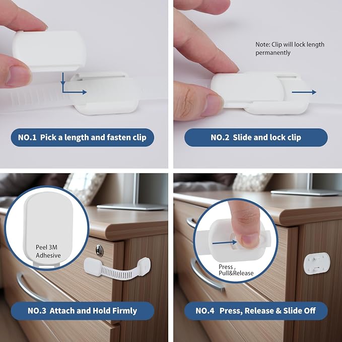 12-Pack Child Safety Cabinet Locks, No Drill Adjustable Strong Adhesive Straps, Toddler Baby Proofing for Cabinets Drawers Fridge Toilet Oven Cupboard