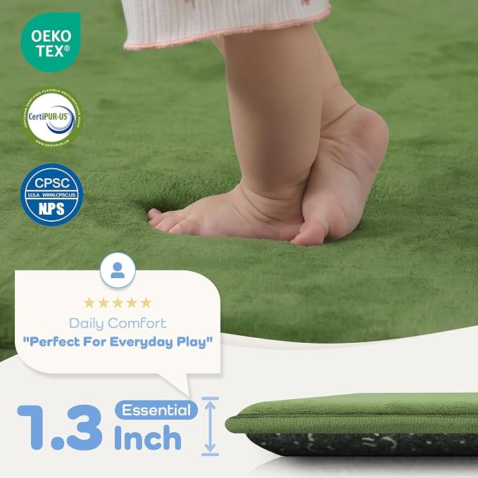 1.3" Thick Baby Floor Play Mat 50x50, Basic Padded Foam Mat for Tummy Time Crawling, Non Slip Cushioned for Babies Toddlers Infants Kids (Olive)