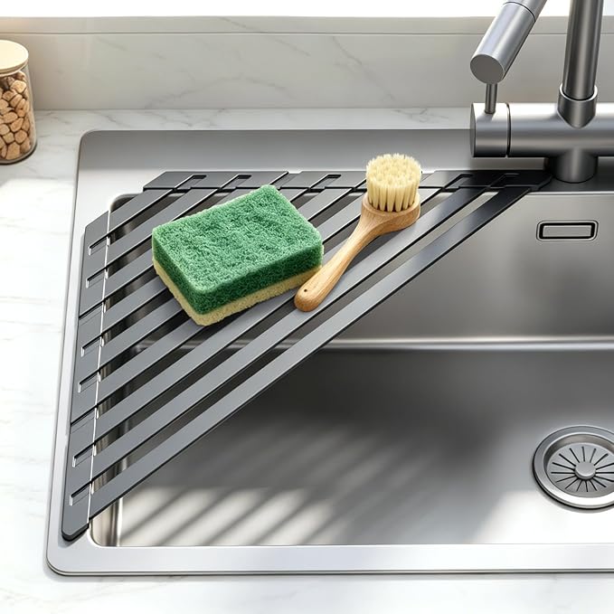 Sink Corner Drying Rack - Foldable Triangular Sink Sponge Holder, Dish Drying Rack Over the Sink, Kitchen Sink Accessories (Grey, 19.69" x 12.2")