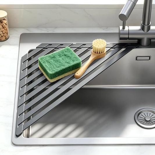 Sink Corner Drying Rack - Foldable Triangular Sink Sponge Holder, Dish Drying Rack Over the Sink, Kitchen Sink Accessories (Grey, 19.69" x 12.2")