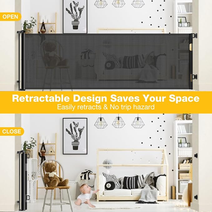 Birsppy AOLDHYY Retractable Baby Gates, 118 Inch Extra Wide Baby Gate for Large Openings, Mesh Baby Gate for Stairs, Hallways and Doorways, Extra Large Child Safety Gate for Colorful ping Pong Balls