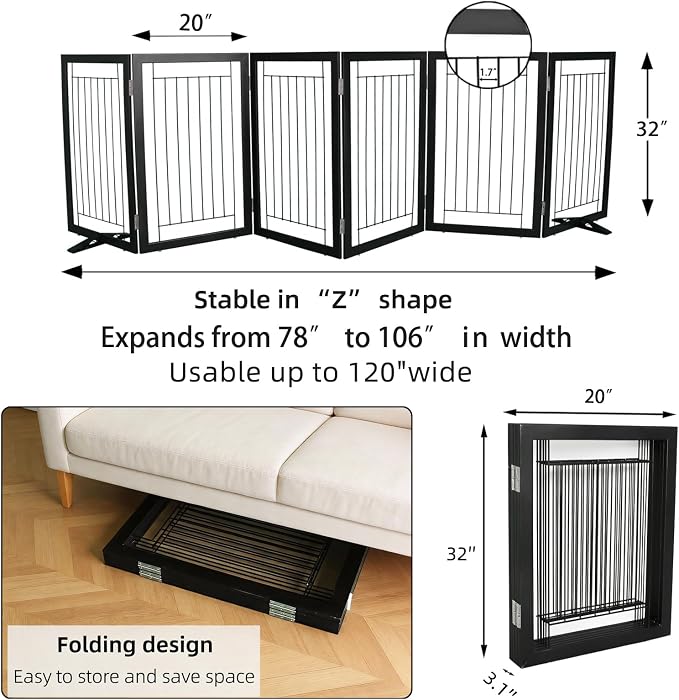 Dog Fence Indoor - 6-Panel Freestanding Dog Gate for Doorways, Hallways, House or Stairs -120x32-Inch Retractable Foldable Expandable Wood Pet by SFJC (Black)