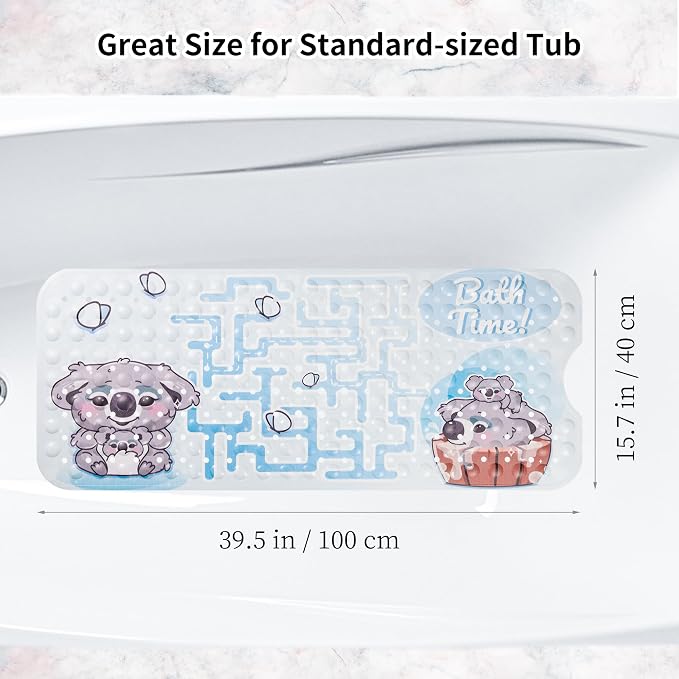 Baby Bathtub and Shower Mat, Non Slip with Suctions Cups and Drain Holes, Machine Washable, Bath Mat for Tub for Kids, 39.5 x15.7 Inch, Koala Print
