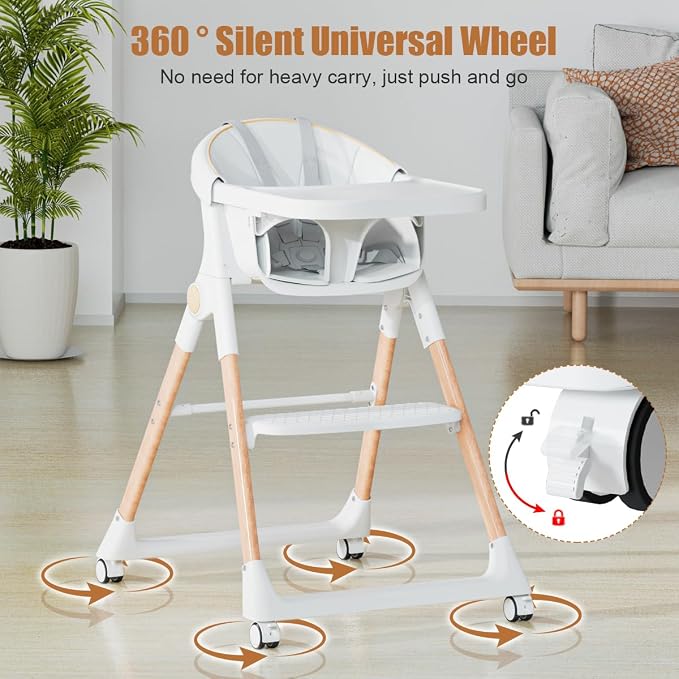 Baby High Chair, High Chairs for Babies and Toddlers, Convertible Folding High Chair with Removable Tray 5 Point Harness Footrest Detachable PU Cushion, Portable Highchair for Baby Toddlers