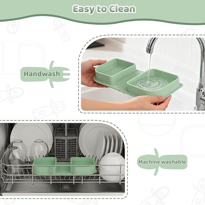 Green Foldable Silicone Baby Feeding Set, Portable Travel Baby Feeding Essentials Including Toddler Plates, Silicone Baby Spoon&Fork, Adjustable Foldable Bib, Portable Infant Toddler Utensils
