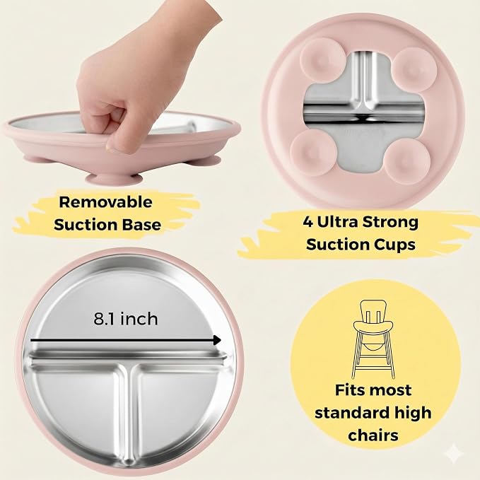 Stainless Steel Baby & Toddler Plate with Suction, Set of 2 Divided Plates with Removable Silicone Sleeves, Non Toxic BPA Free Non-Slip Unbreakable Kids Dishes (Tofu & Pearl Blush)