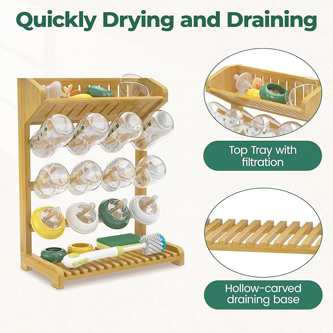 EsLuker.ly Baby Bottle Drying Rack Bamboo Vertical Dryer Holder, Space Saving for 12 Milk Glass Bottle Countertop, Wooden Drain Stand Shelf for New Parents