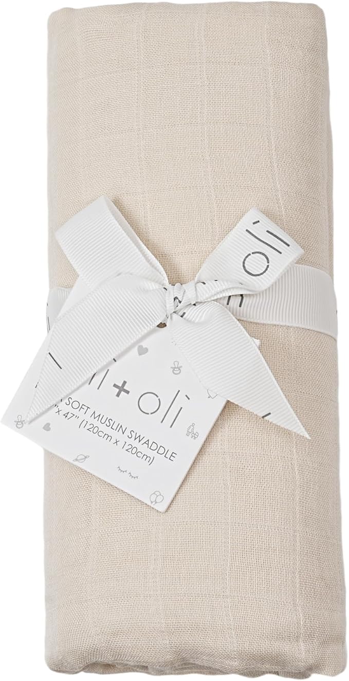 Ali+Oli Muslin Swaddle Blanket for Baby (Vanilla Cream) Large 47" x 47" Soft Rayon Made from Bamboo & Organic Cotton, Machine Washable Receiving Blanket Wrap for Newborn to Toddler