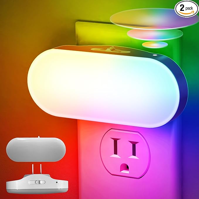 DORESshop RGB 120V Night Lights Plug into Wall, 0.7W LED Night Light for Kids Room, Bathroom Night Light, Stair Lights, Hallway Light, Color Moving, 2 Pack