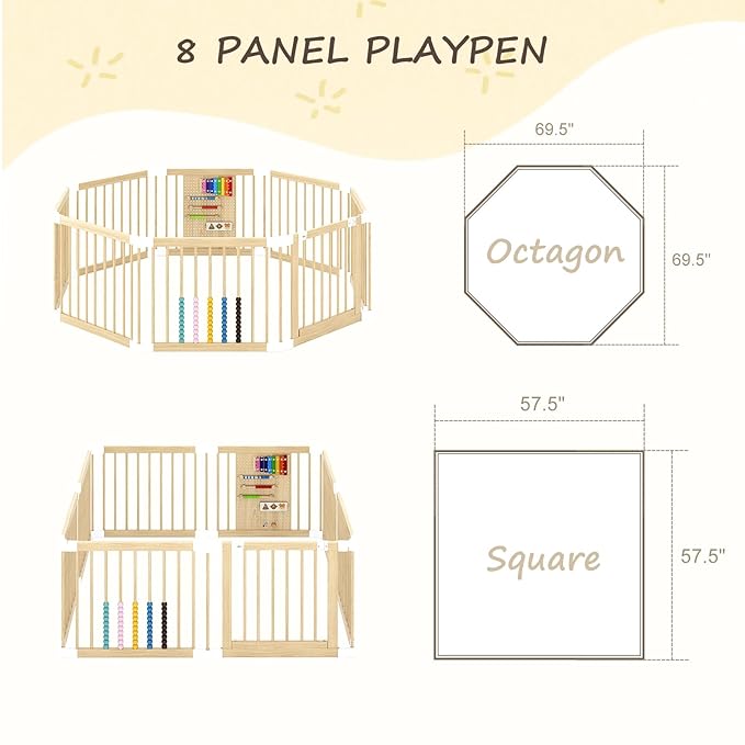EXPERLAM Baby Playpen - Wooden Playpen for Babies and Toddlers, Foldable Play Pen with Locking Gate, Portable Baby Fence with Adjustable Shape and Size, Extra Large Toddler Play Yard (58X58x23.5Inch)