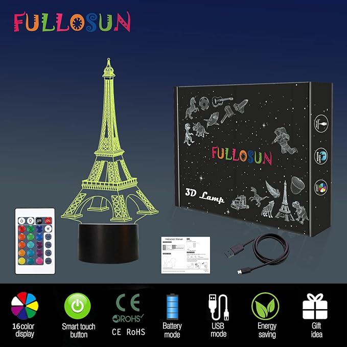 FULLOSUN Eiffel Tower Nightlight 3D Illusion Lamp Visual Bedroom Decoration LED Lamp with Remote Control 16 Color Changing Paris Fashion Style Acrylic Gifts for Birthday Xmas