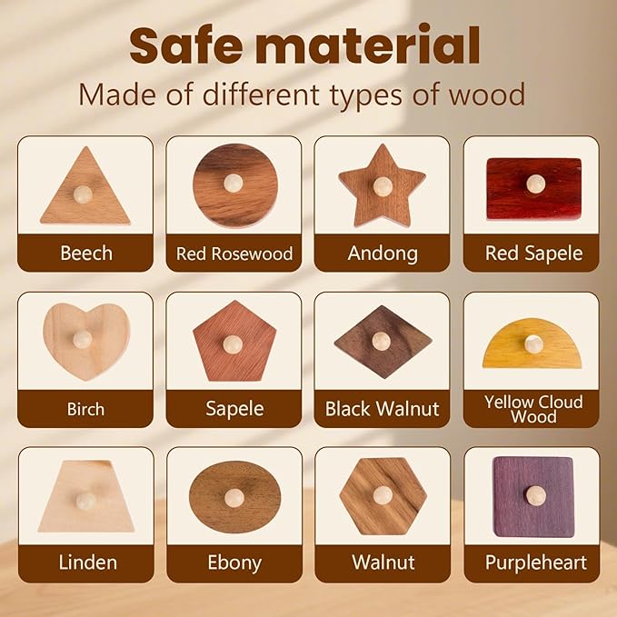 Adena Montessori Wooden Puzzles for Toddlers 1-2, 12 Piece Shape Peg Board with Knobs Educational Learning Toys for 1-2 Year Old Natural Wood Shape Sorter for Babies Durable Montessori Toys