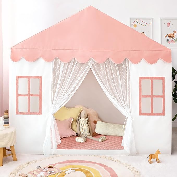 Kids Play Tent with Mat, Princess Castle Playhouse Play Tent for Kids Indoor, Girls Play Tent Play House for Birthday Toy House Gift (Pink)
