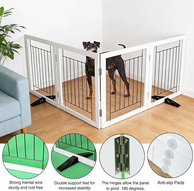 Dog Fence Indoor - 4-Panel Freestanding Dog Gate for Doorways, Hallways, House or Stairs -80x24-Inch Retractable Foldable Expandable Wood Pet by SFJC (White)