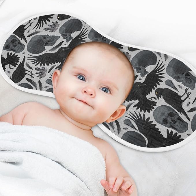 Muslin Baby Burp Cloths, Gothic Crows Skulls Muslin Washcloths Baby Bibs Rags Comfy Soft Absorbent in for Newborn Boys and Girls 4 Piece 22 x 11 Inch