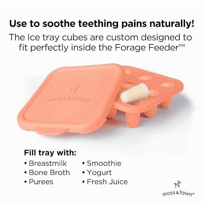 Moss and Fawn Baby's First Bites Bundle - Silicone Frozen Breast Milk Popsicle Kit with Forage Feeder & Teething Popsicle Ice Cube Tray - BPA, PVC, & Lead-Free - Bloom