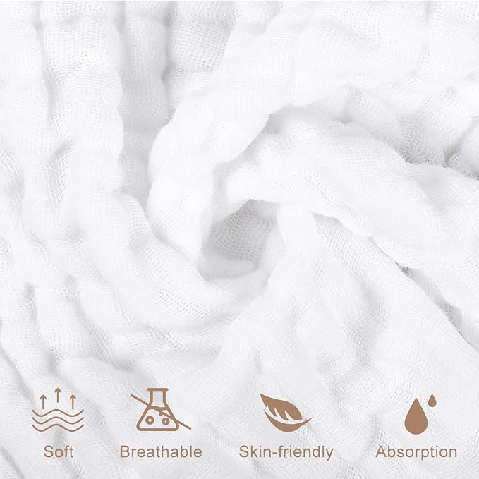 Yoofoss Muslin Baby Washcloths 100% Organic Cotton Face Towels 10 Pack Wash Cloths for Baby 12x12in Soft and Absorbent Baby Wipes (White)