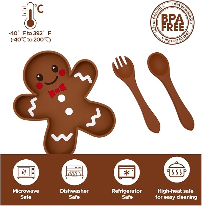 BabyX Baby Silicone Feeder Set, 3-pcs Gingerbread-themed Baby Plate with Suction, Spoon and Fork for Babies Toddler Kids, BPA-Free, Baby Utensils Feeding Supplies, Microwave and Dishwasher Safe