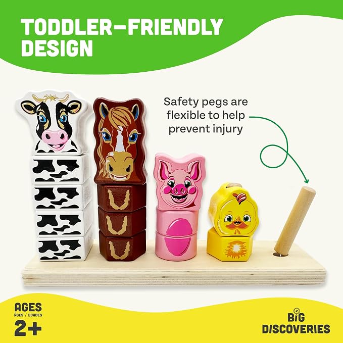 Big Discoveries Stacker - Animal Block Stacking Puzzle for Ages 2 and Up | Durable Wooden Geometry Shape Toy with Flexible Safety Pegs and Pegboard - Montessori Stack Toy for Toddlers (Farm Stacker)