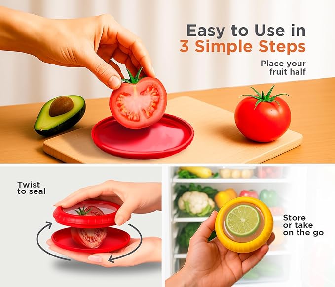 Avocado Saver & Onion Storage ??Set of 4 BPA-Free Food Containers with Silicone Lids ??Reusable Fruit and Veggie Savers, Fresh Pods for Food ??Perfect for Tomato Holder, Garlic, Lemon & More