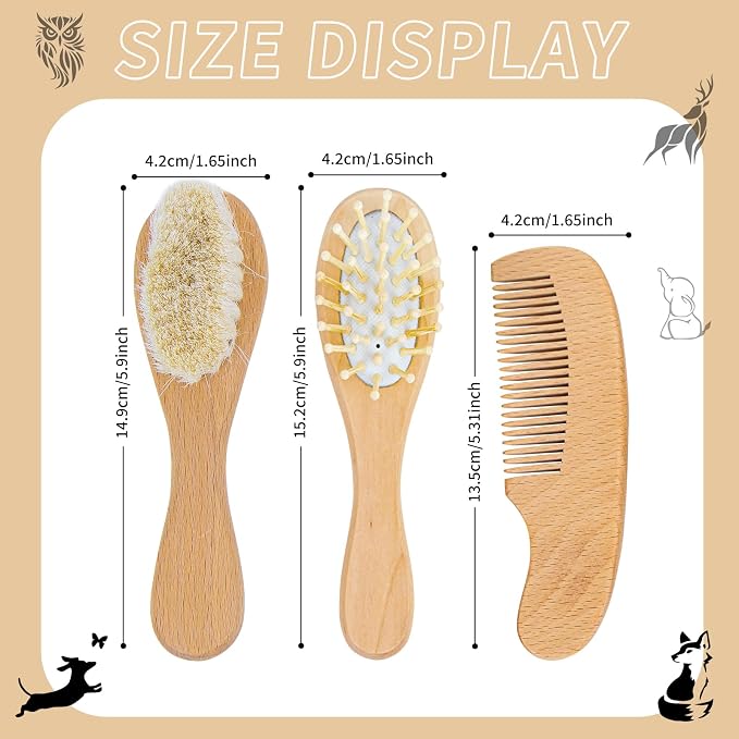 Personalized Baby Hair Brush & Comb Set with Soft Goat Bristles,Custom Laser Engraved Name,Newborn Grooming Kit with Birth Flower Gift Box (March)