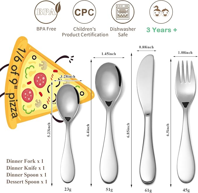 Kids Silverware Set, EIUBUIE18/10 Stainless Steel Metal Toddler Utensils, Safe Reusable Child Cutlery Flatware Includes Fork Knife Table Spoons for Eating(4 Piece, Mirror Polished)