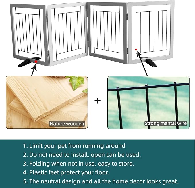 Dog Fence Indoor - 4-Panel Freestanding Dog Gate for Doorways, Hallways, House or Stairs -80x24-Inch Retractable Foldable Expandable Wood Pet by SFJC (Grey)