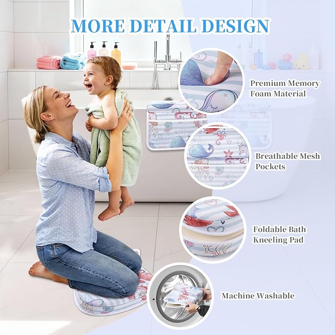 Bath Kneeler and Elbow Rest Pad Set, Jellyfish Design 1.5" Thick Comfortable Kneeling Cushion with Organizer Pockets - Quick Drying, Foldable, Non-Slip for Bathing Time(Jellyfish)