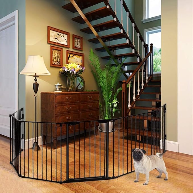 Costzon Baby Safety Gate, 181-Inch Extra Wide Fireplace Fence, Foldable Pet Gates with Add/Decrease Panels Directly, Wall-Mount Metal Gate for Pet & Child