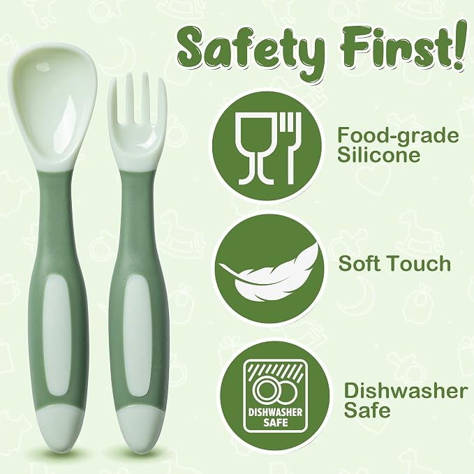Mars Baby Silicone Baby Spoons Set for Self-Feeding - Bendable Learning Utensils for Toddlers - Perfect for Introducing Solids - With Travel Case - Green