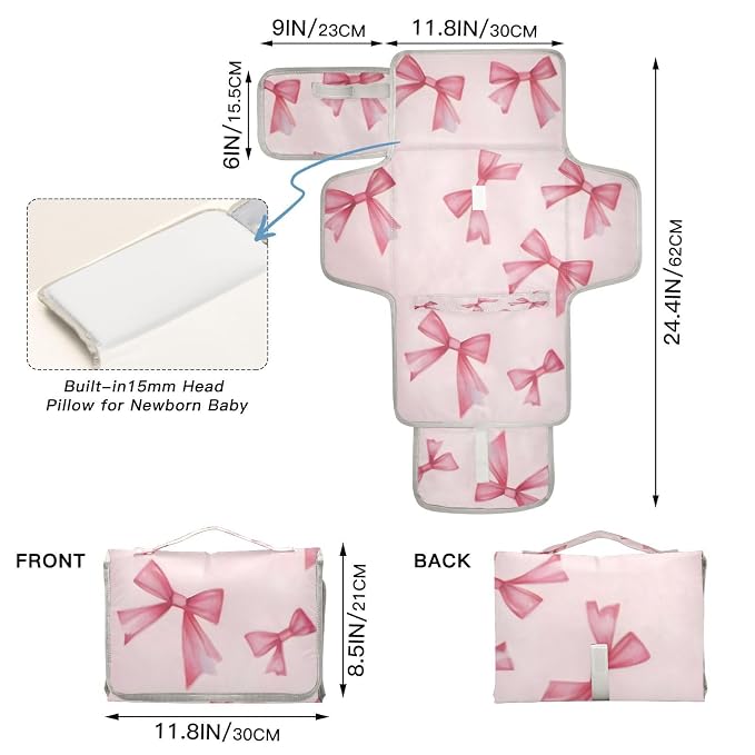Portable Diaper Changing Pad Foldable Baby Changing Mat with Built-in Pillow Waterproof Changing Pad for Newborn Girls Boys Bow
