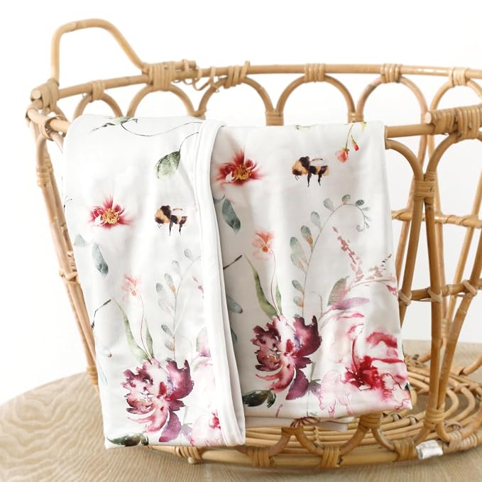 GRSSDER Baby Blankets Super Soft Jersey Knit Swaddle Blanket for Baby Girls and Boys, Double Layer Receiving Blankets 34 x 44 Inches Extra Large for Baby, Flowers and Insects