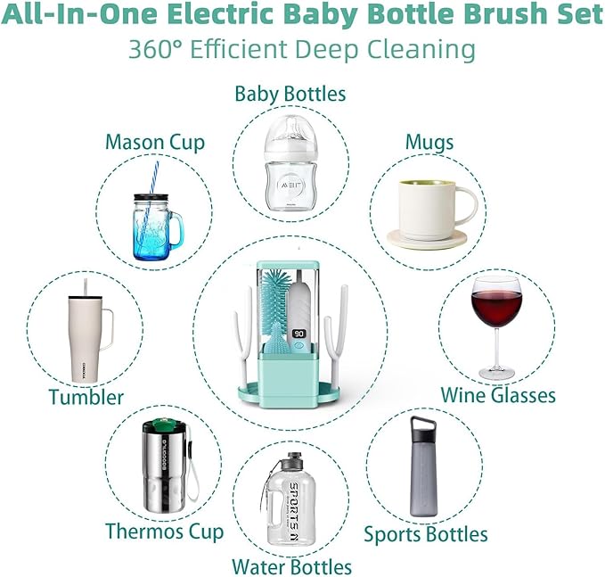 Electric Bottle Brush Cleaner, Portable & Rechargeable Electric Baby Bottle Brush Travel Kit??Nipple & Baby Straw Cleaner Brush,UV sterilized for Moms (Green)