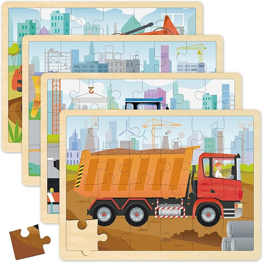 24 Piece Puzzles for Kids Ages 3-5, 4 Packs Wooden Jigsaw Puzzles for 3 Year Old Boys Girls, Construction Vehicle Puzzle for Kids Ages 4-6
