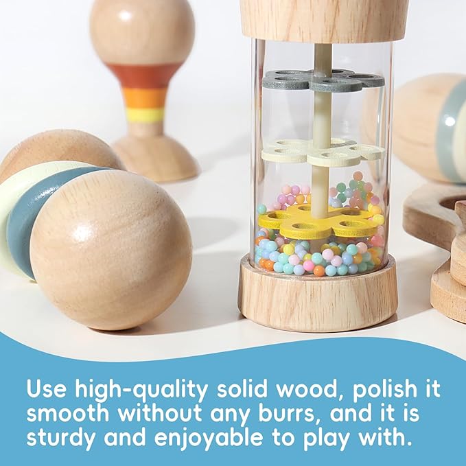 Wooden Baby Rattle Set, 7-in-1 Montessori Toys for Infants 0-6 Months, Moonkie Natural Wooden Baby Toys with Sensory Musical Instruments & Storage Bag