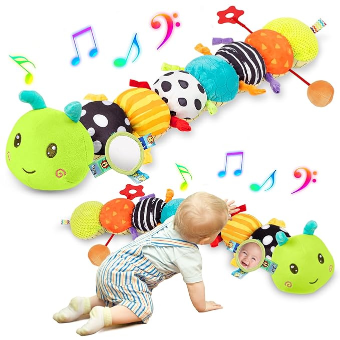 Baby Sensory Toys 0-6 6-12 Months, Musical Plush Animal Stuffed Caterpillar with Crinkle & Rattle, Tummy Time Toys for Infants Newborn 3 6 9 12 18 Months, Car Seat and Shower Gifts for Boys Girls