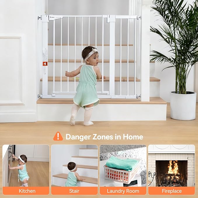 COMOMY 30" Tall Baby Gate for Stairs Doorways, Fits Openings 29.5" to 40.5" Wide, Auto Close Extra Wide Dog Gate for House, Pressure Mounted Easy Walk Through Pet Gate with Door, White