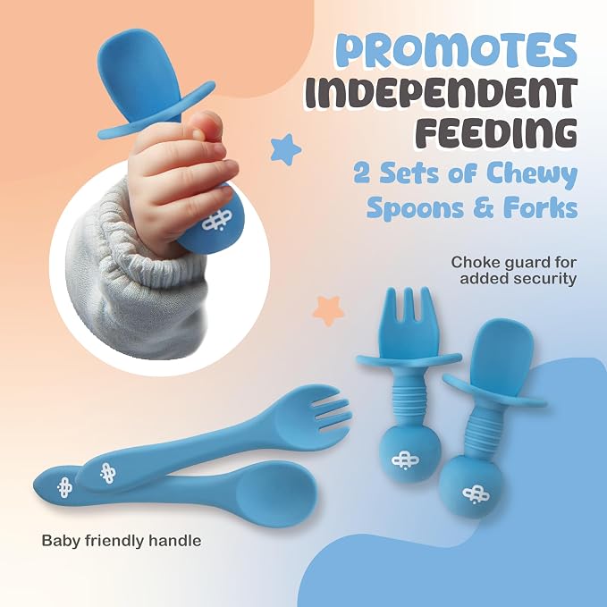 Silicone Baby Feeding Set - Infant Tableware for First Foods & Baby, Led Weaning (0+ Months), Easy to Clean, Durable, Perfect for Baby Boy or Girl, Solid Feeding - Blue - Standard