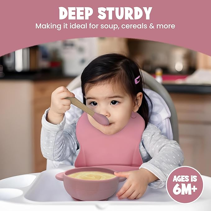Baby Feeding Essentials, Baby Led Weaning Supplies, Silicone Baby Feeding Set, with Baby Spoon, Fork, Baby Bib, Sippy Cup, Suction Plate, Suction Bowl, Baby Eating Essentials, 6+ Months (Dark Pink)