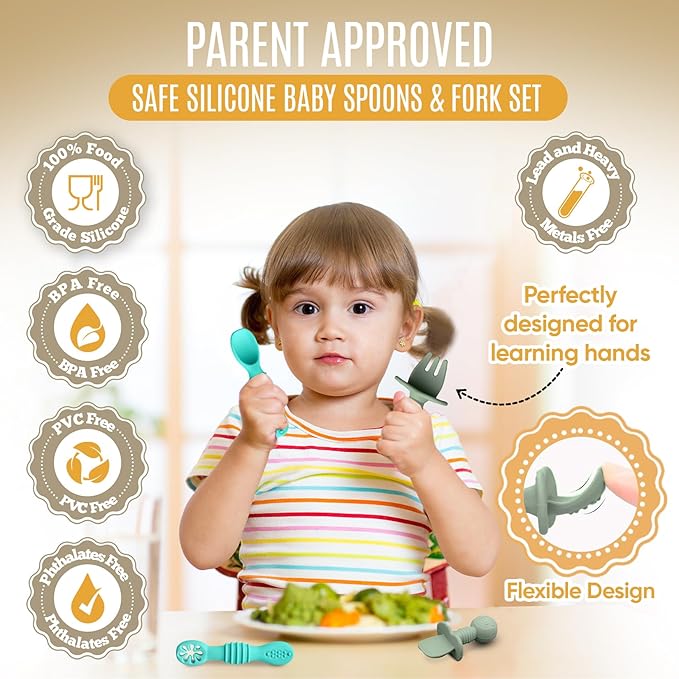 HippoBaby 4pc Silicone Baby Spoons Self Feeding Baby Utensils 6-12 Months - 3 Baby Spoon - 1 Baby Fork - Toddler Cutlery Set - BPA Free, Dishwasher Safe - Baby Eating Essentials (Turquoise/Pickle)