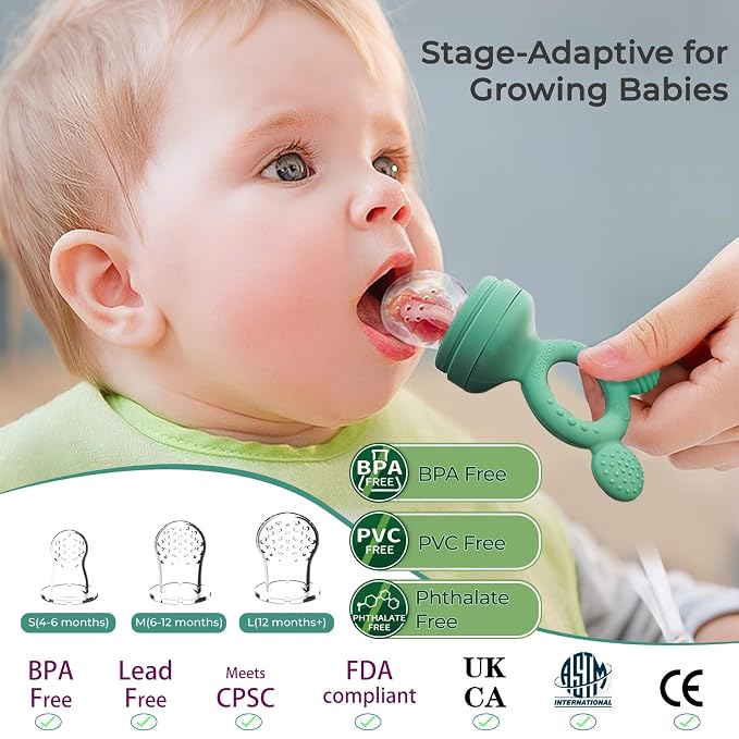 Baby Fruit Feeder 2 Pack with Freezer Tray, 4 Silicone Pouches in 3 Sizes, Breastmilk Popsicle Mold, Food Feeder Pacifier and Silicone Teether for Teething Relief, 4+ Months