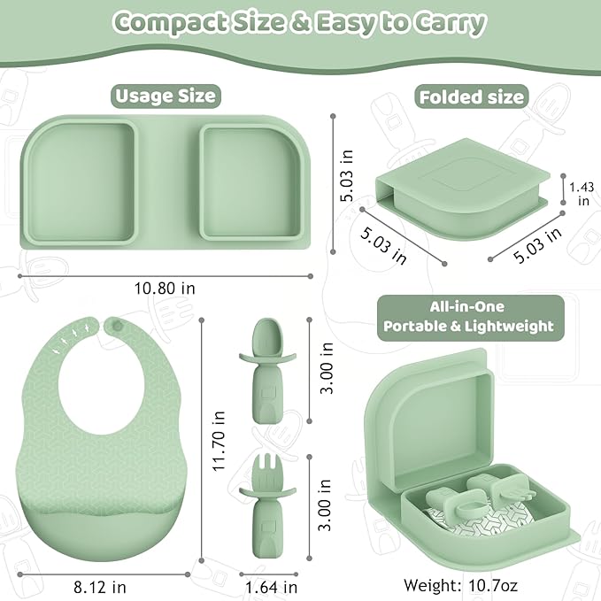 Green Foldable Silicone Baby Feeding Set, Portable Travel Baby Feeding Essentials Including Toddler Plates, Silicone Baby Spoon&Fork, Adjustable Foldable Bib, Portable Infant Toddler Utensils